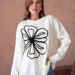 Pull Blanc Oversize à Motif Fleur Noir