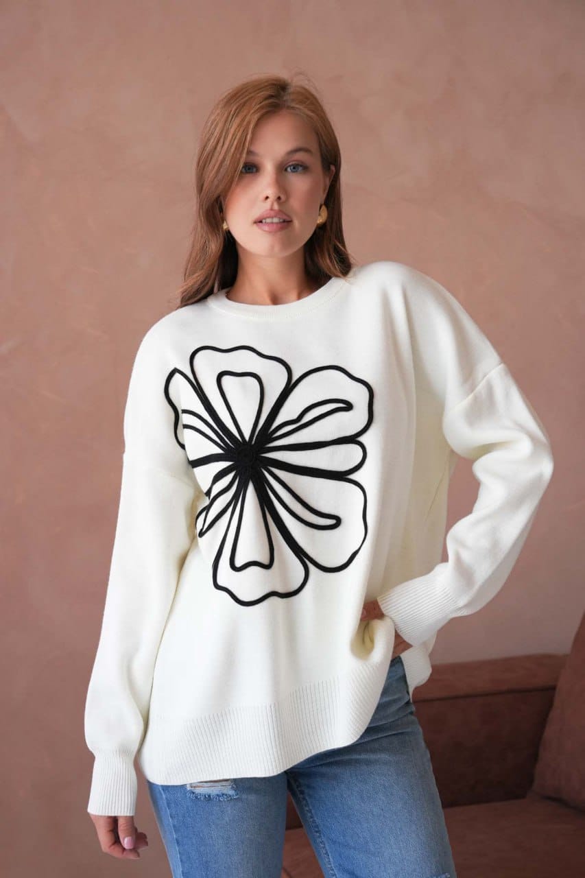 Pull Blanc Oversize à Motif Fleur Noir