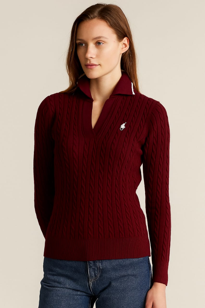 Pull Bordeaux à Col Polo