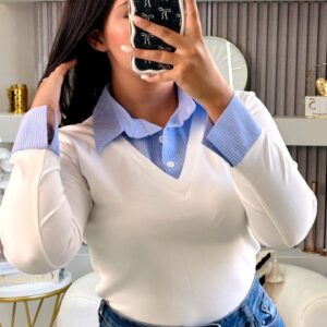 Pull Blanc à Col V & Col Chemise Intégré